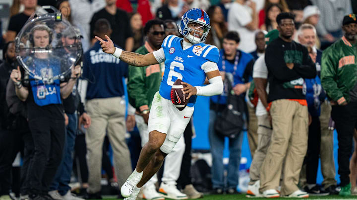 Ole Miss quarterback Trinidad Chambliss (6) celebrates a play during the CFP Fiesta Bowl against Miami at the State Farm Stadium, in Glendale, Ariz., on Thursday, Jan. 8, 2026.