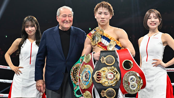 Naoya Inoue celebrates with boxing promoter Bob Arum after defending the world super-bantamweight title at Ariake Arena in Tokyo, Japan on January 24, 2025.