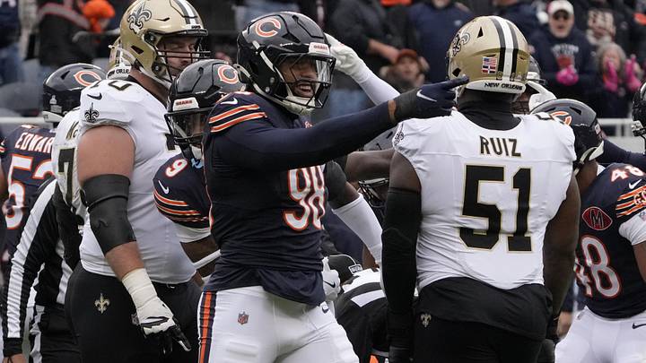 Oct 19, 2025; Chicago, Illinois, USA; Chicago Bears defensive end Montez Sweat (98) reacts after forcing a fumble against New Orleans Saints quarterback Spencer Rattler (not pictured) during the first half at Soldier Field. Mandatory Credit: David Banks-Imagn Images