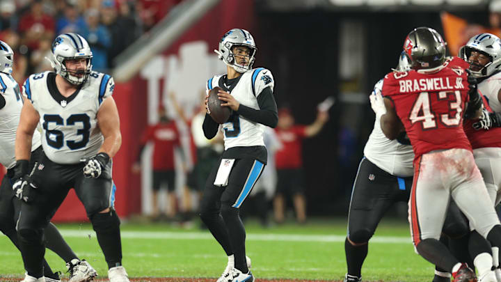 Jan 3, 2026; Tampa, Florida, USA; Carolina Panthers quarterback Bryce Young (9) looks to pass against the Tampa Bay Buccaneers in the second half at Raymond James Stadium. Mandatory Credit: Nathan Ray Seebeck-Imagn Images
