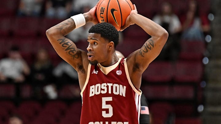 Feb 17, 2026; Tallahassee, Florida, USA; Boston College Eagles guard Fred Payne (5) reacts to a foul call during the first half against the Florida State Seminoles at Donald L. Tucker Center. Mandatory Credit: Melina Myers-Imagn Images