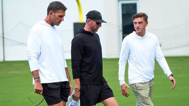 Jacksonville Jaguars Executive Vice President of Football Operations Tony Boselli, left,  Jacksonville Jaguars head coach Liam Coen, center and Jacksonville Jaguars General Manager James Gladstone walk off the field after an NFL Jaguars practice at the Miller Electric Center, Tuesday September 2, 2026 in Jacksonville, Fla.  [Doug Engle/Florida Times-Union]