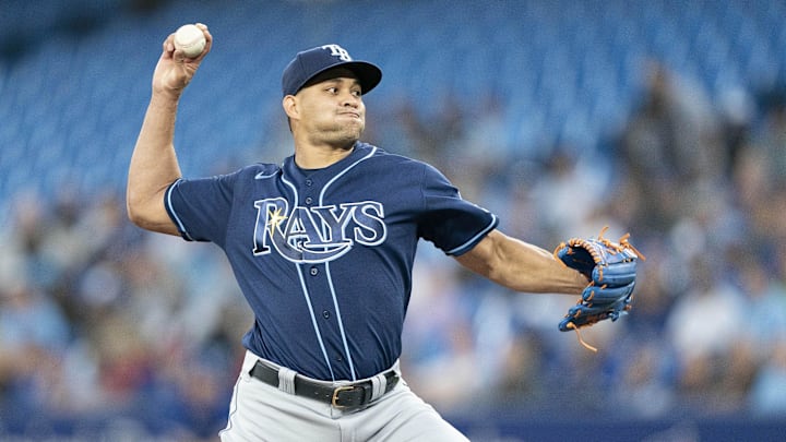 Sep 13, 2022; Toronto, Ontario, CAN; Tampa Bay Rays starting pitcher Yonny Chirinos (72) throws a
