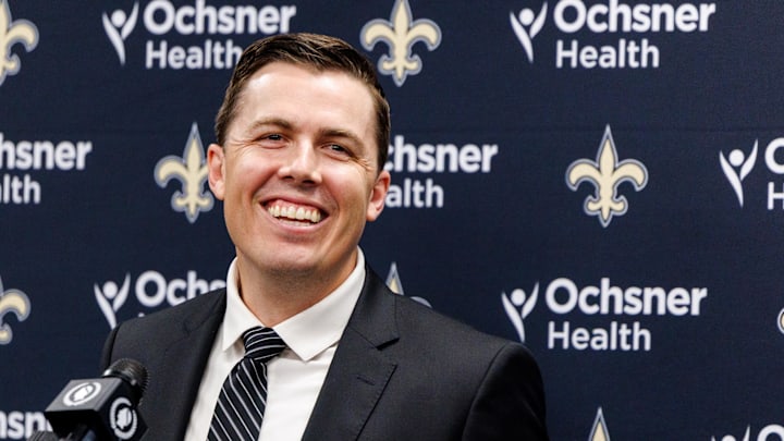 Feb 13, 2025; New Orleans, LA, USA;  New Orleans Saints introduce Kellen Moore as the head coach and he addresses the media at Ochsner Sports Performance Center. Mandatory Credit: Stephen Lew-Imagn Images