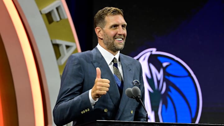 Aug 12, 2023; Springfield, MA, USA;  Dirk Nowitzki gives his speech as he is inducted into the 2023 Basketball Hall of Fame  at Symphony Hall. 