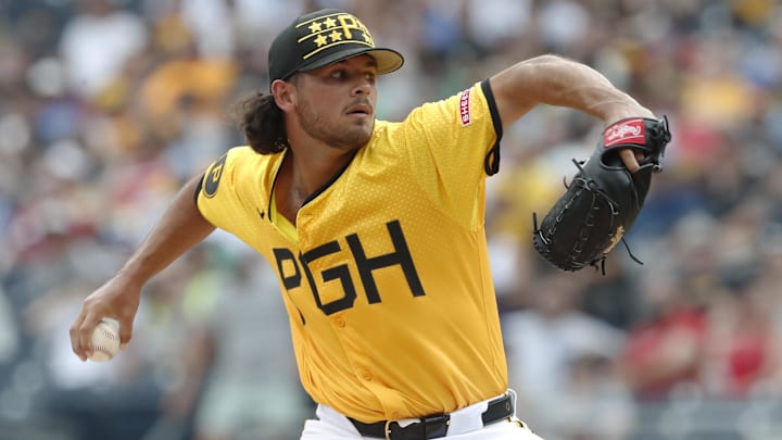 Jun 22, 2024; Pittsburgh, Pennsylvania, USA;  Pittsburgh Pirates starting pitcher Jared Jones (37) delivers a pitch against the Tampa Bay Rays during the first inning at PNC Park. Mandatory Credit: Charles LeClaire-Imagn Images
