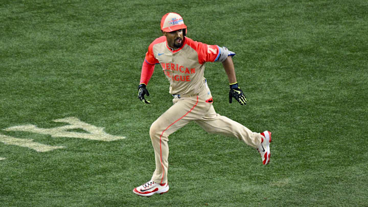 Jul 16, 2024; Arlington, Texas, USA; American League second baseman Marcus Semien of the Texas Rangers (2) runs to first base during the fourth inning of the 2024 MLB All-Star game at Globe Life Field. Jul 16, 2024; Arlington, Texas, USA; American League second baseman Marcus Semien of the Texas Rangers (2) runs to first base during the fourth inning of the 2024 MLB All-Star game at Globe Life Field.