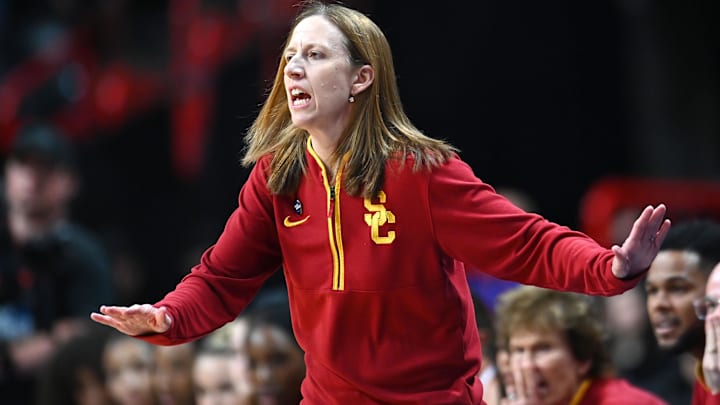 Mar 31, 2025; Spokane, WA, USA; USC Trojans head coach Lindsay Gottlieb reacts after a play against the UConn Huskies during the first half of an Elite 8 NCAA Tournament game at Spokane Arena. Mandatory Credit: James Snook-Imagn Images