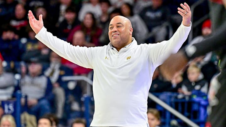 Notre Dame Fighting Irish head coach Micah Shrewsberry reacts Notre Dame Fighting Irish head coach Micah Shrewsberry reacts