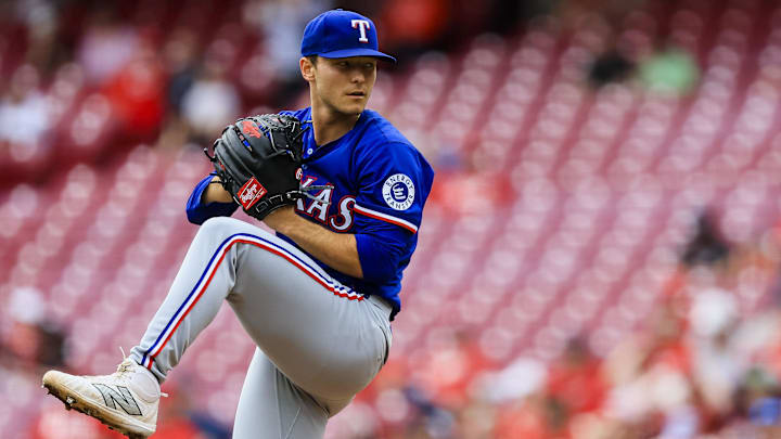 Apr 2, 2025; Cincinnati, Ohio, USA; Texas Rangers starting pitcher Jack Leiter (35) pitches in the second inning against the Cincinnati Reds at Great American Ball Park. 