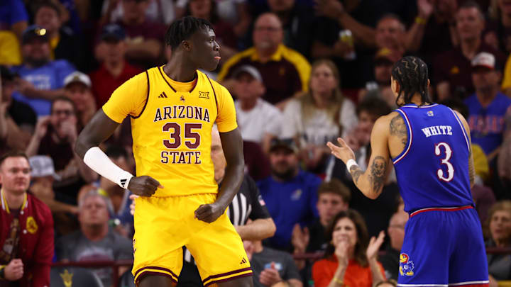 Mar 3, 2026; Tempe, Arizona, USA; Arizona State Sun Devils center Massamba Diop (35) celebrates a shot against the Kansas Jayhawks in the second half at Desert Financial Arena. Mandatory Credit: Mark J. Rebilas-Imagn Images