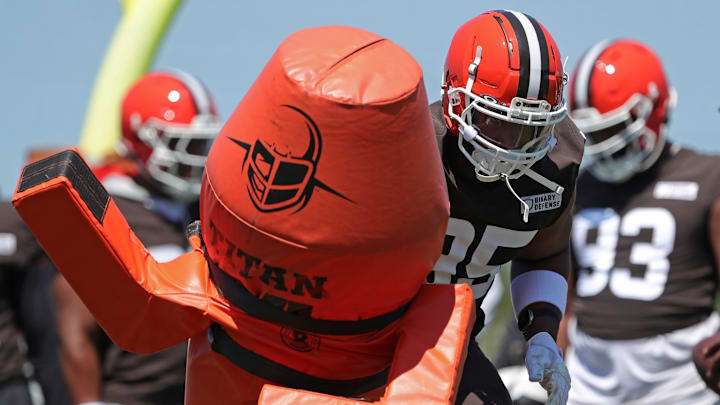Browns defensive end Myles Garrett participates in drills during minicamp, Wednesday, June 12, 2024, in Berea.