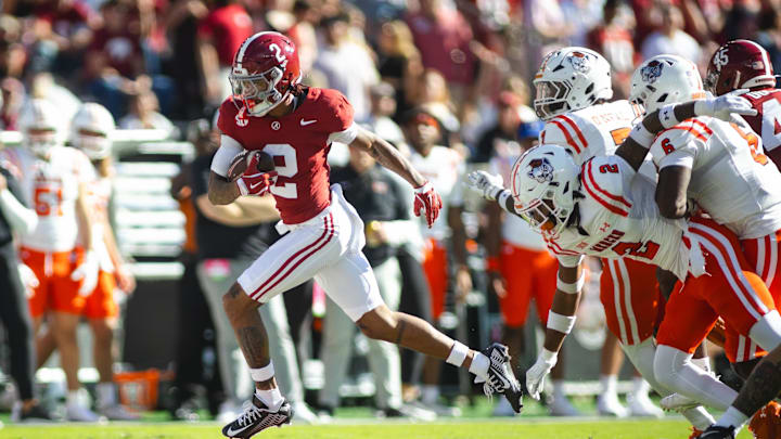 Nov 16, 2024; Tuscaloosa, Alabama, USA; Alabama Crimson Tide wide receiver Ryan Williams (2) runs the ball against the Mercer Bears during the first quarter at Bryant-Denny Stadium. Mandatory Credit: Will McLelland-Imagn Images