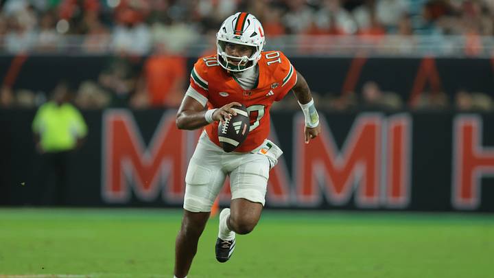 Sep 10, 2026; Miami Gardens, Florida, USA; Miami Hurricanes quarterback Darian Mensah (10) runs with the ball in the second quarter against the Florida A&M Rattlers at Hard Rock Stadium. Mandatory Credit: Sam Navarro-Imagn Images Sep 10, 2026; Miami Gardens, Florida, USA; Miami Hurricanes quarterback Darian Mensah (10) runs with the ball in the second quarter against the Florida A&M Rattlers at Hard Rock Stadium. Mandatory Credit: Sam Navarro-Imagn Images