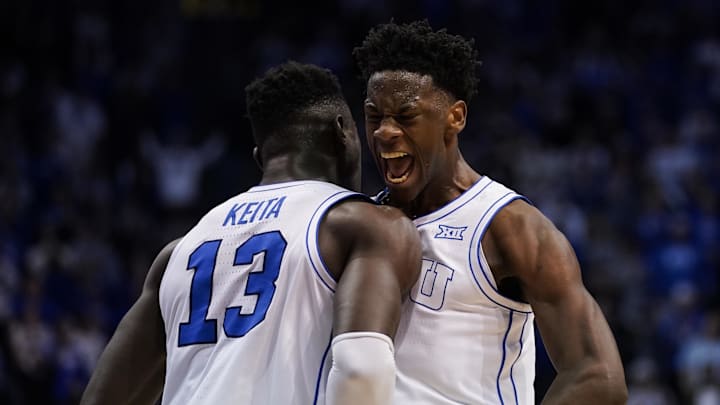Mar 7, 2026; Provo, Utah, USA; BYU Cougars forward AJ Dybantsa (3) and forward Keba Keita (13) reacts during the second half against the Texas Tech Red Raiders at Marriott Center. Mandatory Credit: Aaron Baker-Imagn Images Mar 7, 2026; Provo, Utah, USA; BYU Cougars forward AJ Dybantsa (3) and forward Keba Keita (13) reacts during the second half against the Texas Tech Red Raiders at Marriott Center. Mandatory Credit: Aaron Baker-Imagn Images