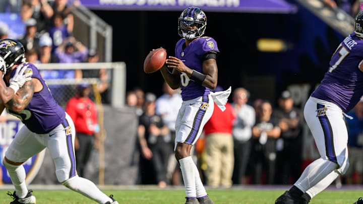 Baltimore Ravens quarterback Lamar Jackson (8) stands in the pocket during the second half against the Las Vegas Raiders at M&T Bank Stadium. 