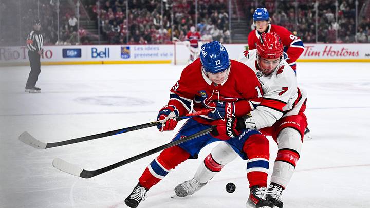 Canadiens forward Cole Caufield has scored in three straight games against the Hurricanes. Canadiens forward Cole Caufield has scored in three straight games against the Hurricanes.