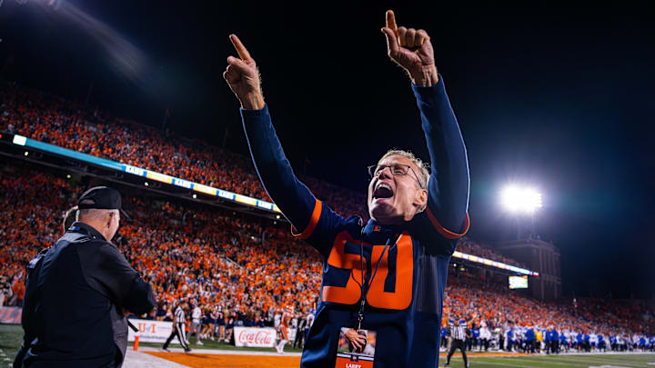 Larry Gies, president and CEO of Madison Industries and a prominent Illinois alumnus and benefactor, celebrates during Illinois' win over Kansas in 2024. On Tuesday, Gies donated a gift of $100 million to the University of Illinois athletics department.