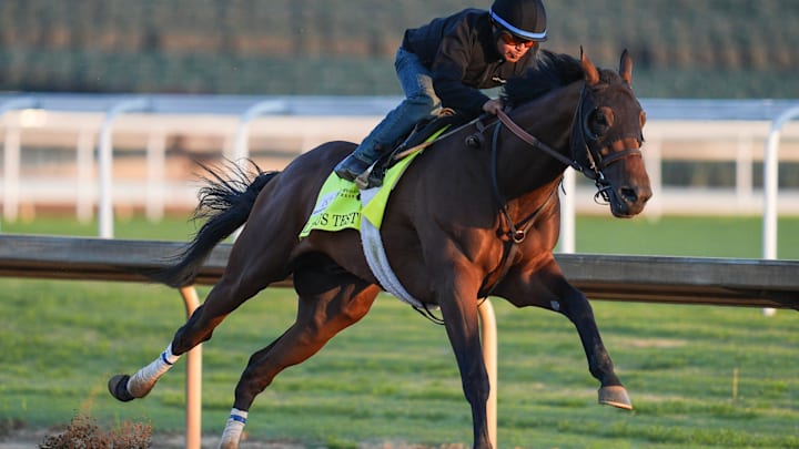 2026 Kentucky Derby hopeful Litmus Test, ridden by Martin Garcia, works during morning training at Churchill Downs in Louisville, Kentucky. The Bob Baffert-trained horse is currently at No. 21 on the Kentucky Derby leaderboard. April 23, 2026