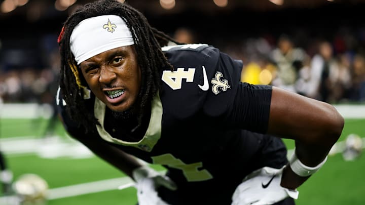 New Orleans Saints CB Kool-Aid McKinstry warms up before a game against the San Francisco 49ers on Sep. 14, 2025. New Orleans Saints CB Kool-Aid McKinstry warms up before a game against the San Francisco 49ers on Sep. 14, 2025.