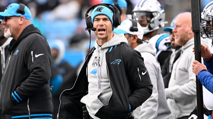 Dec 15, 2024; Charlotte, North Carolina, USA; Carolina Panthers head coach Dave Canales reacts in the fourth quarter at Bank of America Stadium. Mandatory Credit: Bob Donnan-Imagn Images Dec 15, 2024; Charlotte, North Carolina, USA; Carolina Panthers head coach Dave Canales reacts in the fourth quarter at Bank of America Stadium. Mandatory Credit: Bob Donnan-Imagn Images