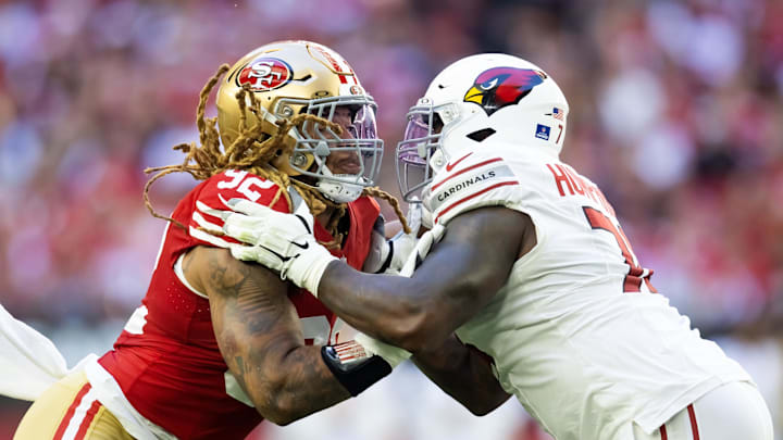 Dec 17, 2023; Glendale, Arizona, USA; San Francisco 49ers defensive end Chase Young (92) against Arizona Cardinals offensive lineman D.J. Humphries (74) at State Farm Stadium. Mandatory Credit: Mark J. Rebilas-Imagn Images Dec 17, 2023; Glendale, Arizona, USA; San Francisco 49ers defensive end Chase Young (92) against Arizona Cardinals offensive lineman D.J. Humphries (74) at State Farm Stadium. Mandatory Credit: Mark J. Rebilas-Imagn Images