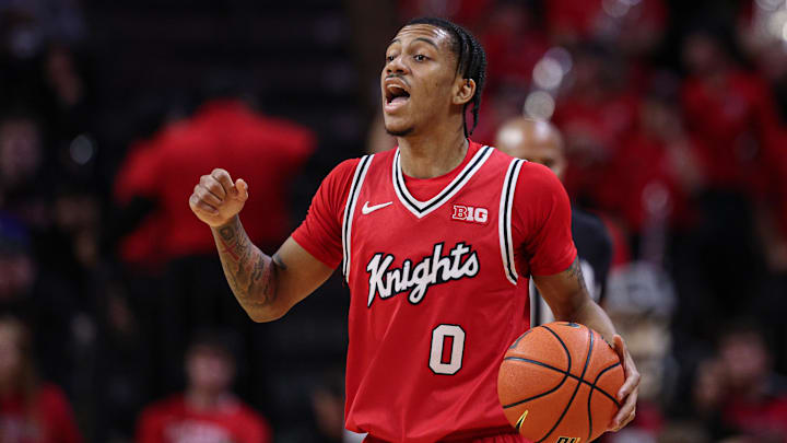 Feb 15, 2026; Piscataway, New Jersey, USA; Rutgers Scarlet Knights guard Tariq Francis (0) dribbles up court against the Maryland Terrapins during the second half at Jersey Mike's Arena. Mandatory Credit: Vincent Carchietta-Imagn Images