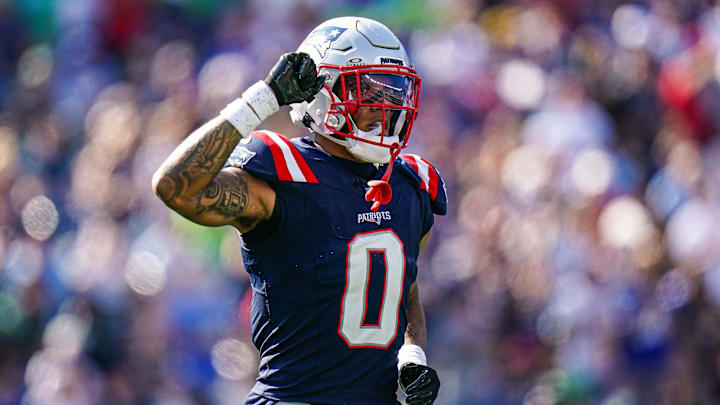 Sep 15, 2024; Foxborough, Massachusetts, USA; New England Patriots cornerback Christian Gonzalez (0) reacts after a play against the Seattle Seahawks in the second half at Gillette Stadium.
