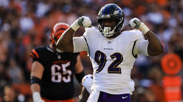 Baltimore Ravens defensive tackle Nnamdi Madubuike reacts after sacking Cincinnati Bengals quarterback Joe Burrow.