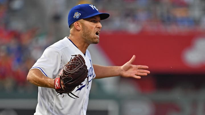 Aug 11, 2018; Kansas City, MO, USA; Kansas City Royals starting pitcher Danny Duffy (41) reacts after getting ejected by first base umpire Adam Hamari (not pictured), after giving up a two run home run to St. Louis Cardinals center fielder Harrison Bader (left) during the sixth inning against the St. Louis Cardinals at Kauffman Stadium. Mandatory Credit: Peter G. Aiken/Imagn Images
