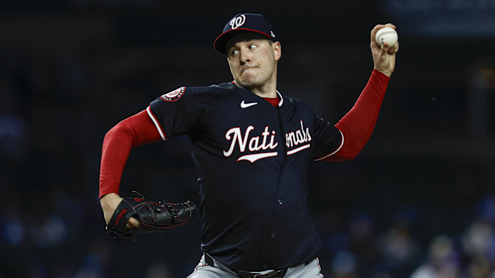Sep 19, 2024; Chicago, Illinois, USA; Washington Nationals starting pitcher Patrick Corbin (46) delivers a pitch against the Chicago Cubs during the first inning at Wrigley Field.
