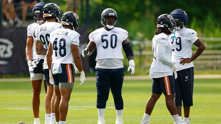 Chicago Bears defensive end Grady Jarrett with teammates during training camp. Chicago Bears defensive end Grady Jarrett with teammates during training camp.