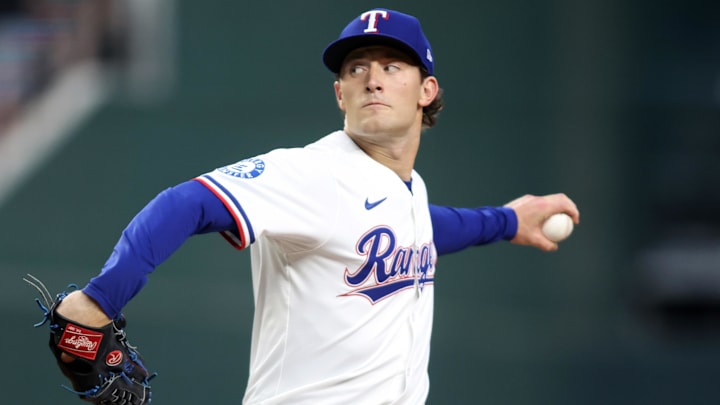 Sep 8, 2025; Arlington, Texas, USA; Texas Rangers relief pitcher Jacob Latz (67) throws a pitch against the Milwaukee Brewers during the second inning at Globe Life Field. Mandatory Credit: Tim Heitman-Imagn Images
