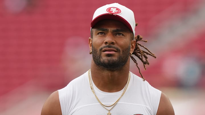 Sep 28, 2025; Santa Clara, California, USA; San Francisco 49ers middle linebacker Fred Warner (54) before the game against the Jacksonville Jaguars at Levi's Stadium. Mandatory Credit: Darren Yamashita-Imagn Images
