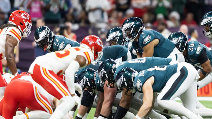 Feb 9, 2025; New Orleans, LA, USA; Philadelphia Eagles quarterback Jalen Hurts (1) lines up for the tush push play on the goal line against the Kansas City Chiefs during Super Bowl LIX at Ceasars Superdome. Mandatory Credit: Mark J. Rebilas-Imagn Images Feb 9, 2025; New Orleans, LA, USA; Philadelphia Eagles quarterback Jalen Hurts (1) lines up for the tush push play on the goal line against the Kansas City Chiefs during Super Bowl LIX at Ceasars Superdome. Mandatory Credit: Mark J. Rebilas-Imagn Images
