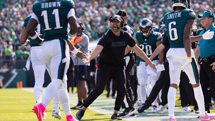 Sirianni reacts to a touchdown from A.J. Brown during a win over the Browns