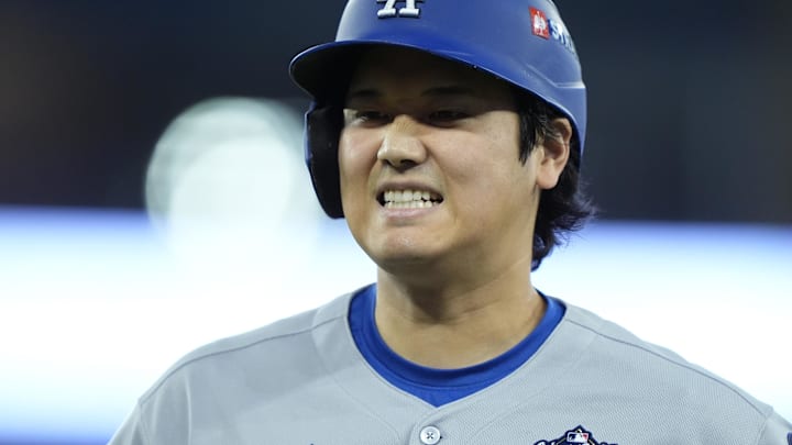 Oct 31, 2025; Toronto, Ontario, CAN; Los Angeles Dodgers two-way player Shohei Ohtani (17) reacts after grounding out against the Toronto Blue Jays in the fifth inning during game six of the 2025 MLB World Series at Rogers Centre. Mandatory Credit: John E. Sokolowski-Imagn Images
