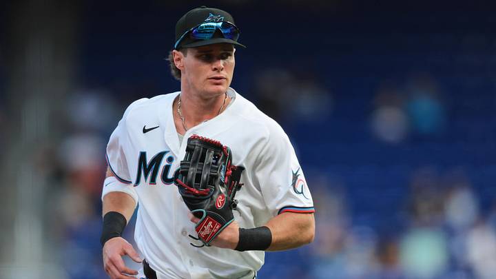 Marlins right fielder Griffin Conine (18) returns to the dugout against the Chicago White Sox during the first inning at loanDepot Park Marlins right fielder Griffin Conine (18) returns to the dugout against the Chicago White Sox during the first inning at loanDepot Park