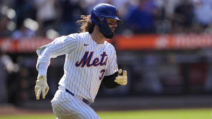 May 1, 2025; New York City, New York, USA; New York Mets designated hitter Jesse Winker (3) runs out a double against the Arizona Diamondbacks during the eighth inning at Citi Field. Mandatory Credit: Gregory Fisher-Imagn Images