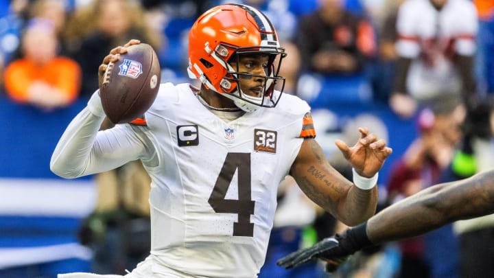 Oct 22, 2023; Indianapolis, Indiana, USA; Cleveland Browns quarterback Deshaun Watson (4) drops back to pass the ball in the first quarter against the Indianapolis Colts at Lucas Oil Stadium. Mandatory Credit: Trevor Ruszkowski-USA TODAY Sports
