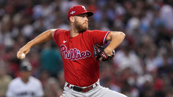 Oct 21, 2023; Phoenix, Arizona, USA; Philadelphia Phillies starting pitcher Zack Wheeler (45) throws