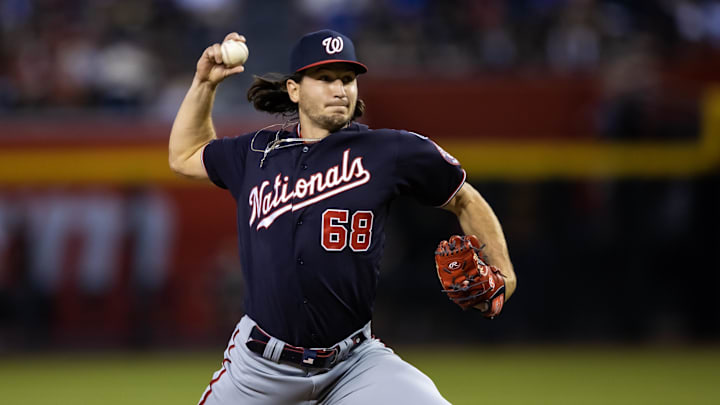 May 6, 2023; Phoenix, Arizona, USA; Washington Nationals pitcher Thaddeus Ward against the Arizona Diamondbacks at Chase Field. Mandatory Credit: Mark J. Rebilas-Imagn Images
