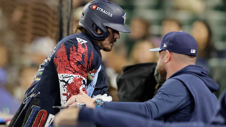 Oct 15, 2025; Seattle, Washington, USA; Toronto Blue Jays third baseman Addison Barger (47) celebrates with manager John Schneider (14) after hitting a home run in the ninth inning against the Seattle Mariners during game three of the ALCS round for the 2025 MLB playoffs at T-Mobile Park. Mandatory Credit: John Froschauer-Imagn Images Oct 15, 2025; Seattle, Washington, USA; Toronto Blue Jays third baseman Addison Barger (47) celebrates with manager John Schneider (14) after hitting a home run in the ninth inning against the Seattle Mariners during game three of the ALCS round for the 2025 MLB playoffs at T-Mobile Park. Mandatory Credit: John Froschauer-Imagn Images