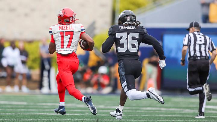 Oct 10, 2026; Morgantown, West Virginia, USA; Arizona Wildcats wide receiver Isaiah Mizell (17) makes a catch and runs for a touchdown during the third quarter against the West Virginia Mountaineers at Milan Puskar Stadium. Mandatory Credit: Ben Queen-Imagn Images Oct 10, 2026; Morgantown, West Virginia, USA; Arizona Wildcats wide receiver Isaiah Mizell (17) makes a catch and runs for a touchdown during the third quarter against the West Virginia Mountaineers at Milan Puskar Stadium. Mandatory Credit: Ben Queen-Imagn Images
