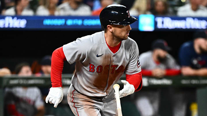 Aug 26, 2025; Baltimore, Maryland, USA; Boston Red Sox third baseman Alex Bregman (2) singles during the eighth inning against the Baltimore Orioles at Oriole Park at Camden Yards. Mandatory Credit: James A. Pittman-Imagn Images