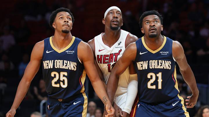Oct 8, 2026; Miami, Florida, USA; New Orleans Pelicans forward Trey Murphy III (25) and center Yves Missi (21) defend against Miami Heat center Bam Adebayo (13) during the first quarter at Kaseya Center. Mandatory Credit: Sam Navarro-Imagn Images Oct 8, 2026; Miami, Florida, USA; New Orleans Pelicans forward Trey Murphy III (25) and center Yves Missi (21) defend against Miami Heat center Bam Adebayo (13) during the first quarter at Kaseya Center. Mandatory Credit: Sam Navarro-Imagn Images