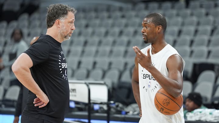 Dec 8, 2024; San Antonio, Texas, USA; San Antonio Spurs assistant coach Matt Nielsen and forward Harrison Barnes (40) before the game against the New Orleans Pelicans at Frost Bank Center.