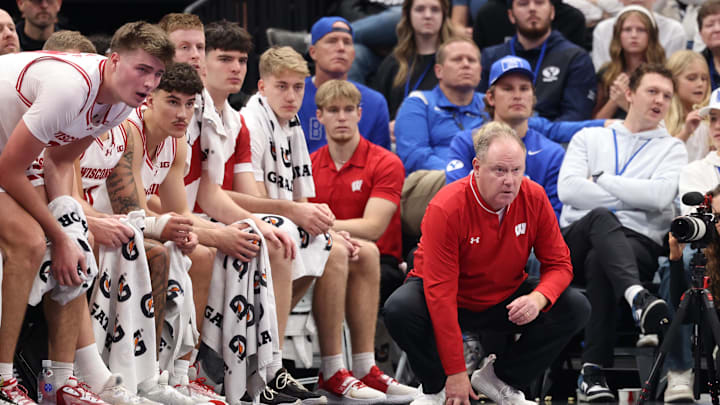 Nov 21, 2025; Salt Lake City, Utah, USA; Wisconsin Badgers head coach Greg Gard watches play against the BYU Cougars during the second half at Delta Center. 