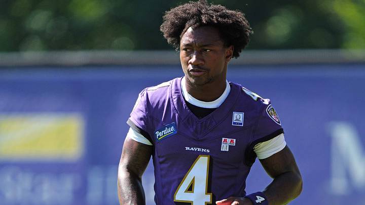 Jul 30, 2026; Owings Mills, MD, USA; Baltimore Ravens wide receiver Zay Flowers (4) stretches during practice at Under Armour Peformance Center. Jul 30, 2026; Owings Mills, MD, USA; Baltimore Ravens wide receiver Zay Flowers (4) stretches during practice at Under Armour Peformance Center.