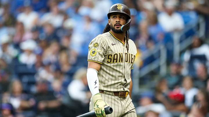 Aug 29, 2026; St. Petersburg, Florida, USA; San Diego Padres right fielder Fernando Tatis Jr. (23) reacts after striking out against the Tampa Bay Rays in the first inning  at Tropicana Field. Mandatory Credit: Nathan Ray Seebeck-Imagn Images